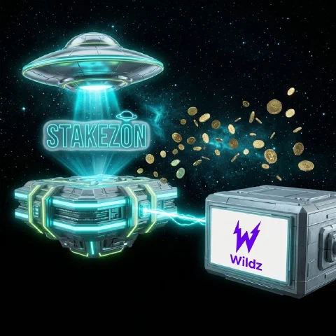 Stakezon neon hologram and the Wildz logo on facing space platforms