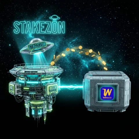 Stakezon neon hologram and the Winz.io logo on facing space platforms