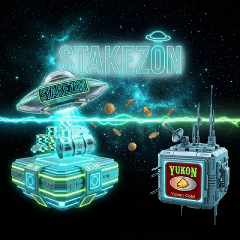 Stakezon neon hologram and the Yukon Gold logo on facing space platforms