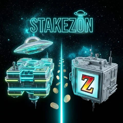 Stakezon neon hologram and the Zodiac Casino logo on facing space platforms